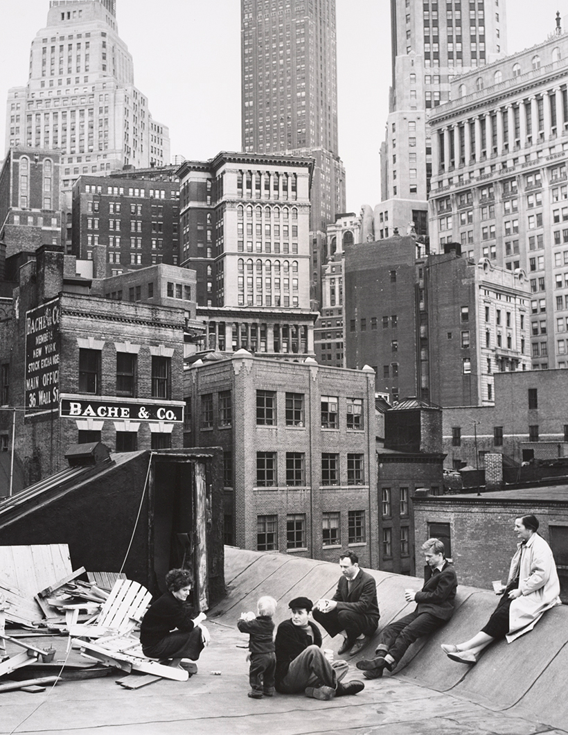 Untitled, 6/22/04, 9:32 AM,  8C, 3806x4376 (667+1596), 88%, John, 1/120 s, R74.2, G61.0, B72.7 [Agnes Martin (at right) on rooftop of the Coenties Slip building, Jack Youngerman (sitting), Ellsworth Kelly (standing), Robert Indiana (kneeling), Delphine Seyrig, 1957]
